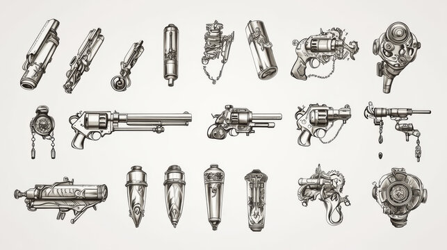 Series set of tattoo flash design elements with tattooists gun or machine