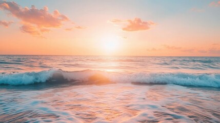 Obraz premium Sunset over ocean waves, warm orange and pink sky reflecting on water, soft ripples creating gentle patterns, peaceful and calming seascape, relaxing vibe