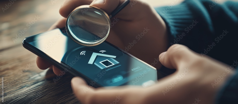 Poster hands using magnifier on phone smart home application.
