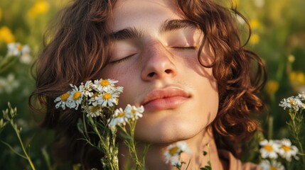 Naklejka premium person with closed eyes in a field of flowers