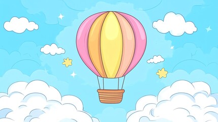 Fototapeta premium A cartoon hot air balloon floats in a blue sky with fluffy clouds.