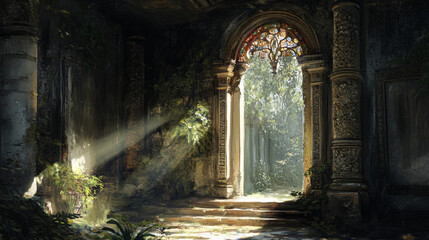Obraz premium Ajar door light beam conceptual illustration with door opening and light streaming out around the door and through the keyhole