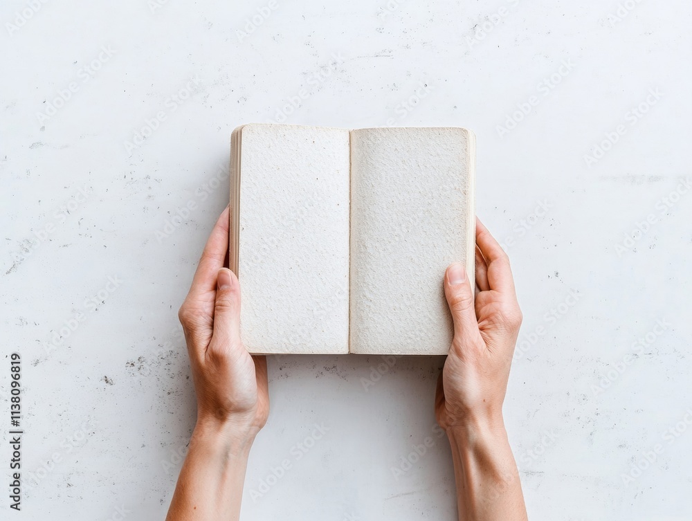 Poster Hands Holding Open Notebook on White Background with Minimalistic Style