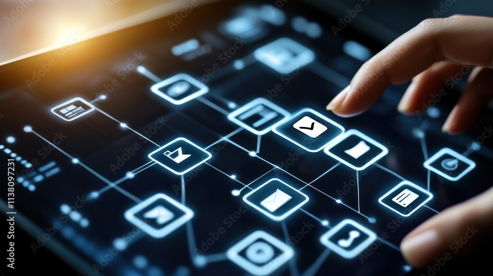 Poster hands using a tablet displaying interconnected app icons.