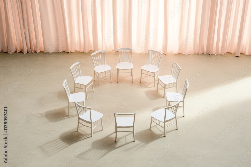 Poster Surreal Circular Seating with Soft Light, Minimalist Design in Muted Tones