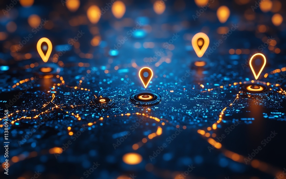 Poster a global map with glowing location pins symbolizing both travel planning and business networking, de