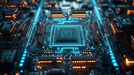 Fototapeta premium Futuristic AI Chip on Circuit Board Close-Up