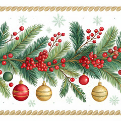 Christmas frame with pine branches, sparkling ornaments in red, gold, and blue, pinecones, on a white background