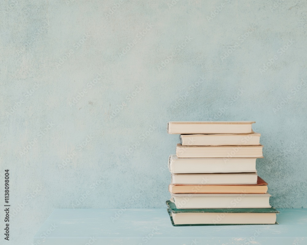 Poster Stack of Books on Blue Surface with Textured Background Under Soft Lighting