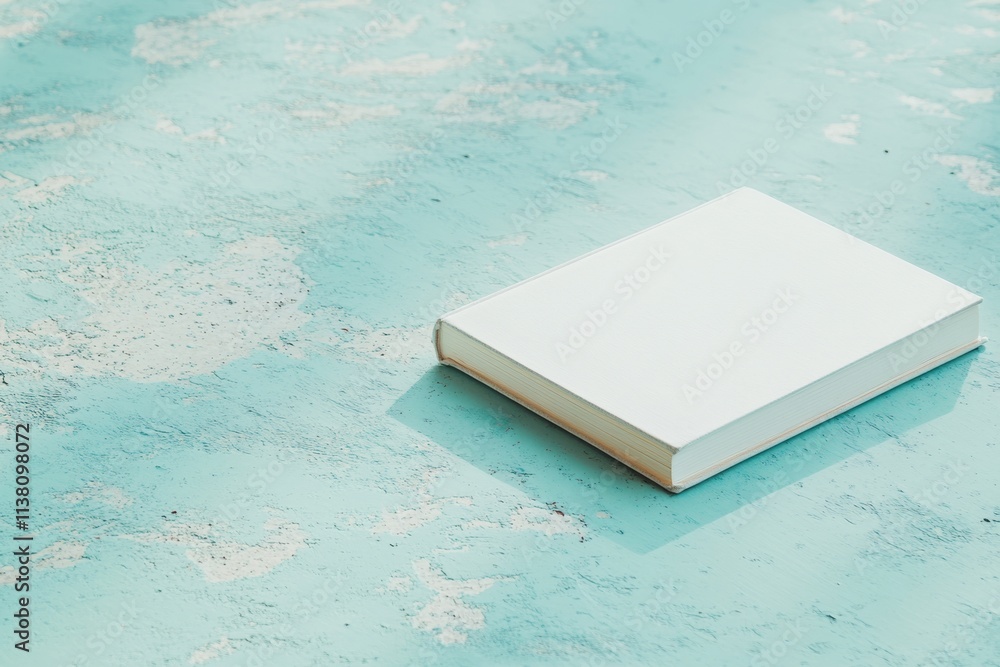 Poster minimalist aesthetic a pristine book on textured turquoise surface