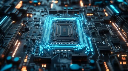 Futuristic AI Chip on Circuit Board Close-Up