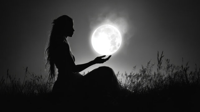 Sitting ancient Greek woman holding full moon. Goddess Selene or Nyx. Creative lunar concept. Black and white silhouette.