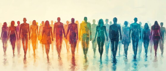 Obraz premium A lively and diverse crowd forming a human silhouette, symbolizing community and connection, colorful figures against a calm, neutral backdrop, highdefinition, inspirational theme
