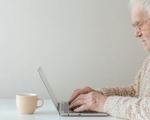 Elderly Man Engaged in Digital Literacy A Cozy, Light-Filled Corner