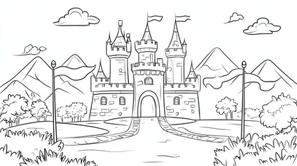 Obraz premium A black and white drawing of a castle.