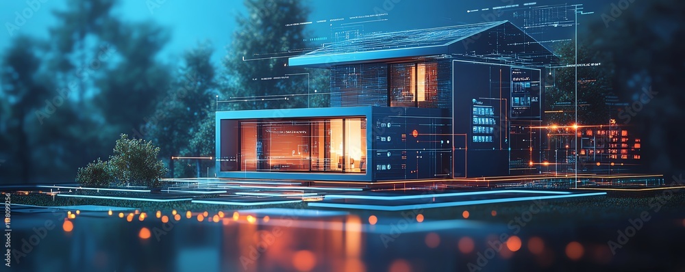 Poster a modern smart home with digital technology integration, showcasing automated systems for lighting, 