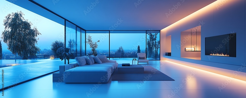 Poster a modern smart home with digital technology integration, showcasing automated systems for lighting, 