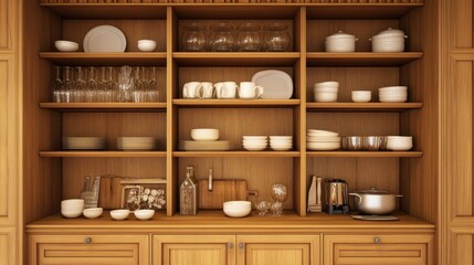 Modern 3D wooden kitchen with open wardrobe storage, highlighting shelves stacked with plates, glasses, and other kitchen essentials.