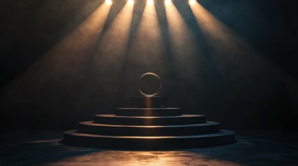 Obraz premium Podium with spotlights highlighting first place, set against a dramatic dark stage, concept of competition and recognition, focus on winning.
