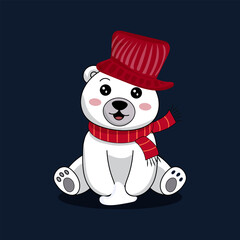 Polar bear playing with snow with Christmas hat Vector Illustration.