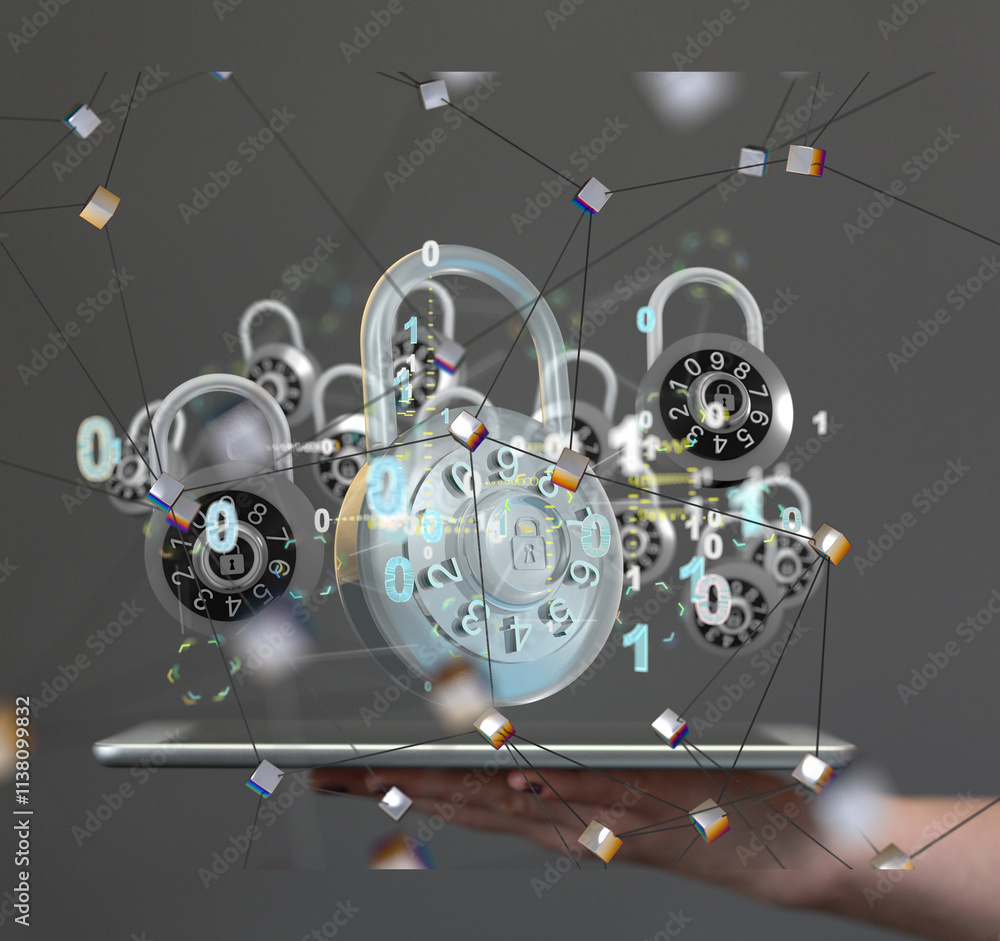 Poster Cybersecurity and information or network protection. Future technology web