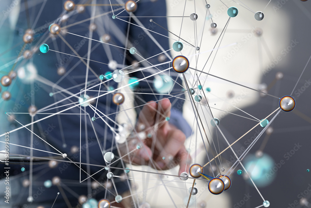 Poster Global network. Blockchain. 3D illustration. Neural networks and artificial intelligence. Abstract