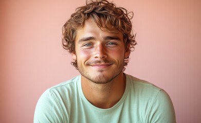 Fototapeta premium man with casual t-shirt is smiling at the camera, solid color background