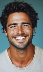 Fototapeta premium man with casual t-shirt is smiling at the camera, solid color background