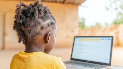 Child Engaged with Language Learning on Laptop Outdoors in Sunlit Yard
