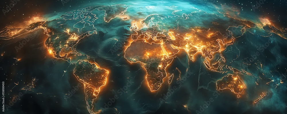 Aufkleber a world map with interactive pins highlighting key travel and business networking spots, futuristic 