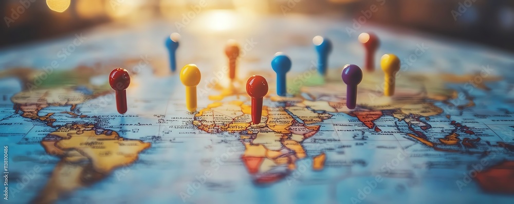 Poster a world map with interactive pins highlighting key travel and business networking spots, futuristic 