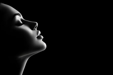 A black-and-white profile of a woman face with a classic Hollywood style, featuring dramatic lighting and shadows