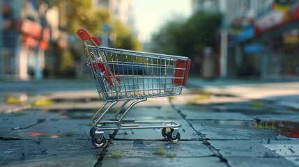 Empty shopping cart left on a shiny, wet street in an urban setting during evening, illuminated by city lights.