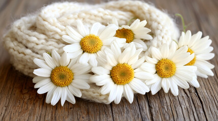 Obraz premium Cozy White Daisies Arranged on a Soft Knitted Blanket, Warm and Inviting Floral Nature Concept