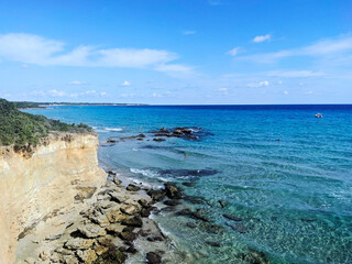 Baia dei turchi, a rocky beach with a crystal-clear blue sea. Otranto coastline, Lecce, Puglia (Apulia), Italy.