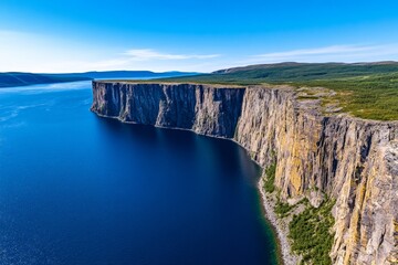 Obraz premium A breathtaking aerial view of a winding fjord, its deep blue water contrasting with the lush green cliffs