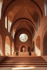 Obraz premium The interior of the modernist church is made from rammed earth walls with arched windows. A long staircase in front leads to an altar that is lit up by natural light