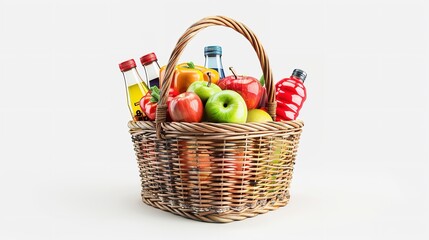 Basket with assortment of fresh organic fruits and vegetables on white background