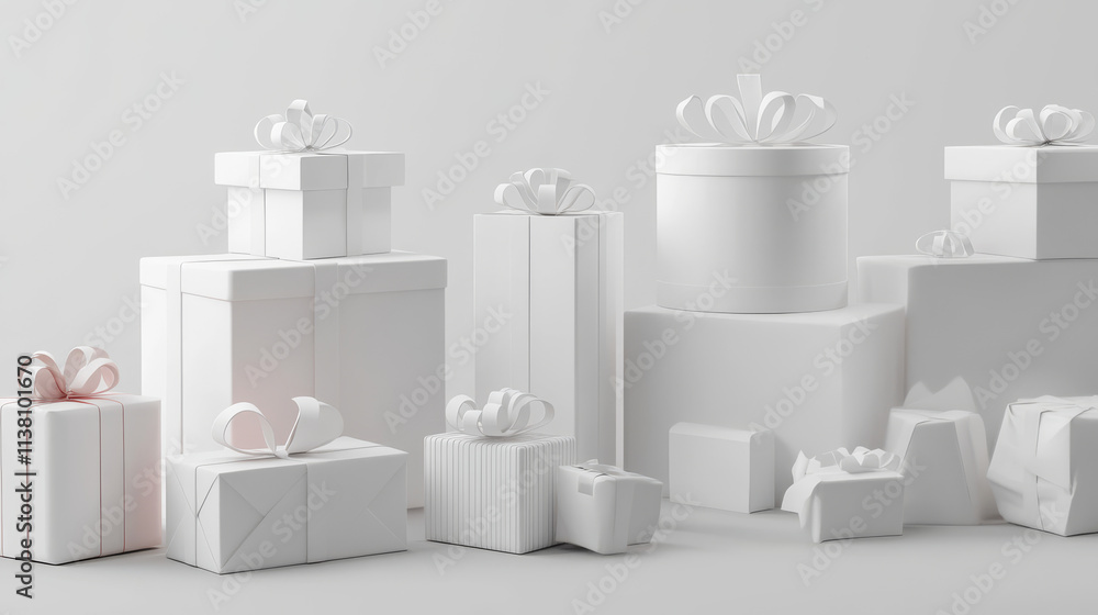 Poster a set of open and closed boxes at different angles. 3d image. white blank packaging gift boxes. whit