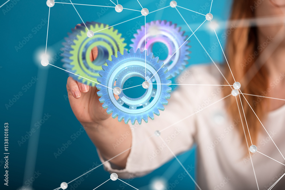Poster gear system data. Connecting lines and dots.Big data visualization