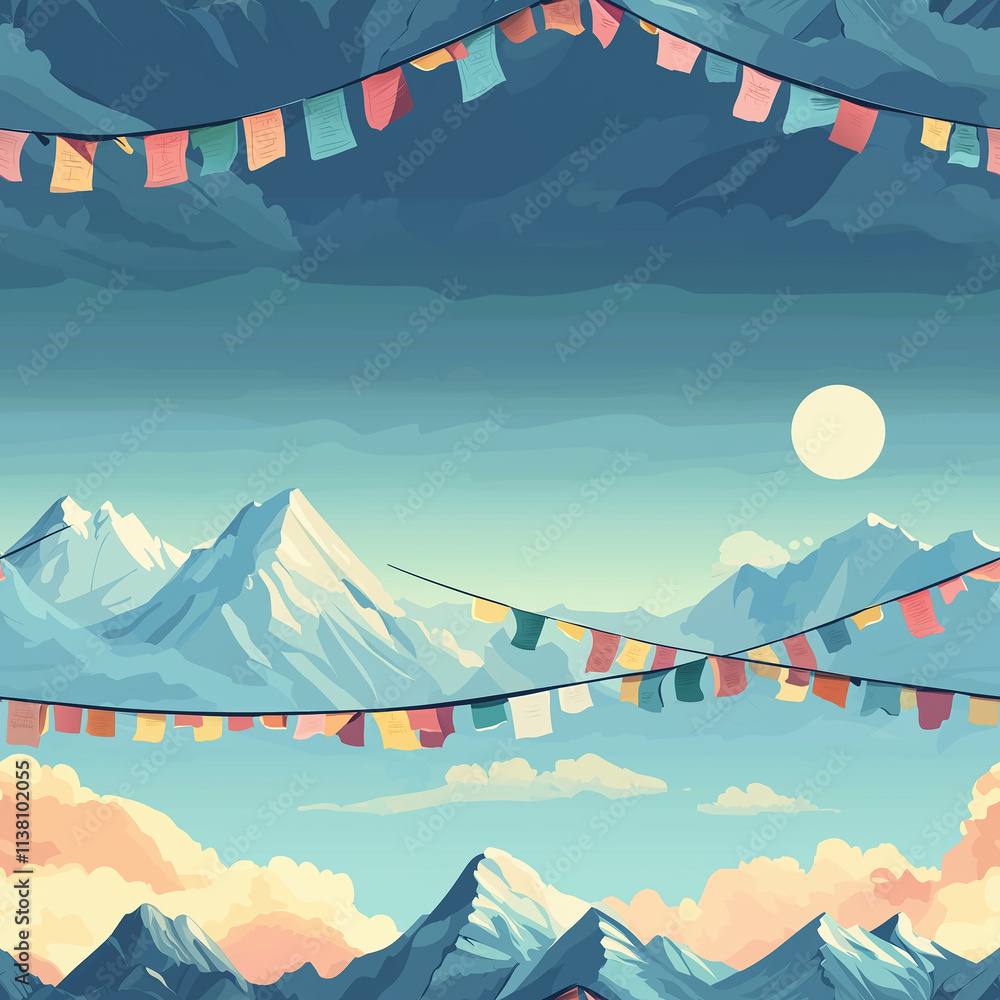 Poster a serene mountain landscape featuring colorful flags gently swaying against a backdrop of soft cloud