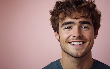 Fototapeta premium man with casual t-shirt is smiling at the camera, solid color background