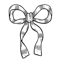 Vector bow, line art style, vintage ribbon, hand drawn sketch of bow. Decoration element, oytline icon.