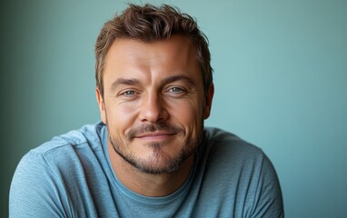 Fototapeta premium man with casual t-shirt is smiling at the camera, solid color background