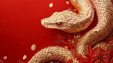 Obraz premium red background, golden paper cut snake illustration at the side, glittery effect to spice up