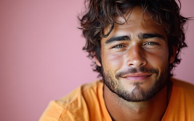 Fototapeta premium man with casual t-shirt is smiling at the camera, solid color background