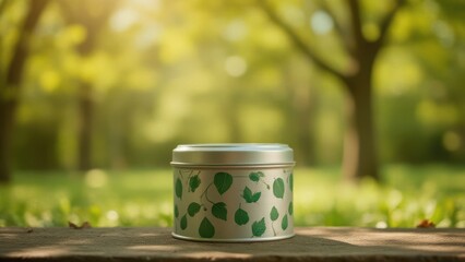 Tea tin packaging,metal tea tin with green leaf illustrations, placed outdoors on a sunlit forest path, reflecting natural and eco-friendly design elements