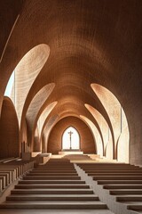 Fototapeta premium The interior of the modernist church is made from rammed earth walls with arched windows. A long staircase in front leads to an altar that is lit up by natural light