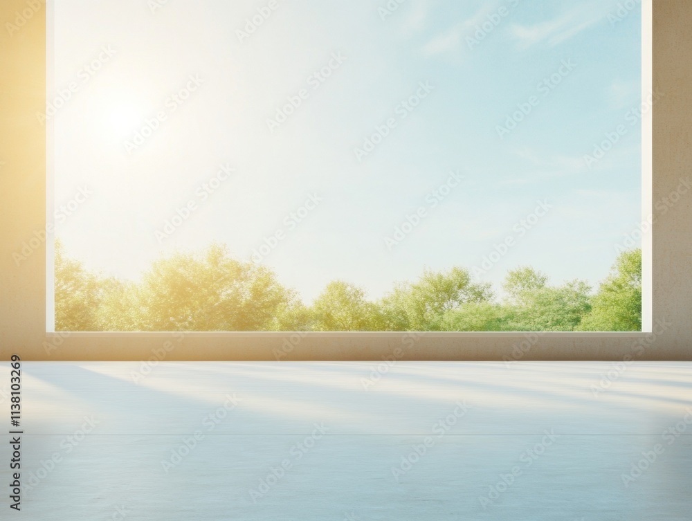Poster sunlit tranquility serene hall with large window overlooking lush greenery