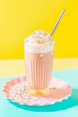 tall iced chocolate drink in a ribbed glass, topped with frothy bubbles, served with a metal straw, placed on a pastel scalloped plate, against a soft yellow and aqua background, mocha brown